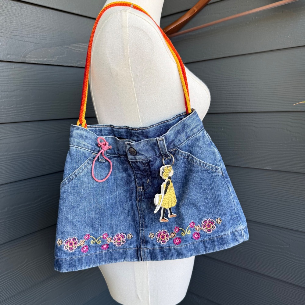 Sonoma Upcycled Denim Skirt Tote Bag Floral Embroidered Boho Y2K Shoulder Bag